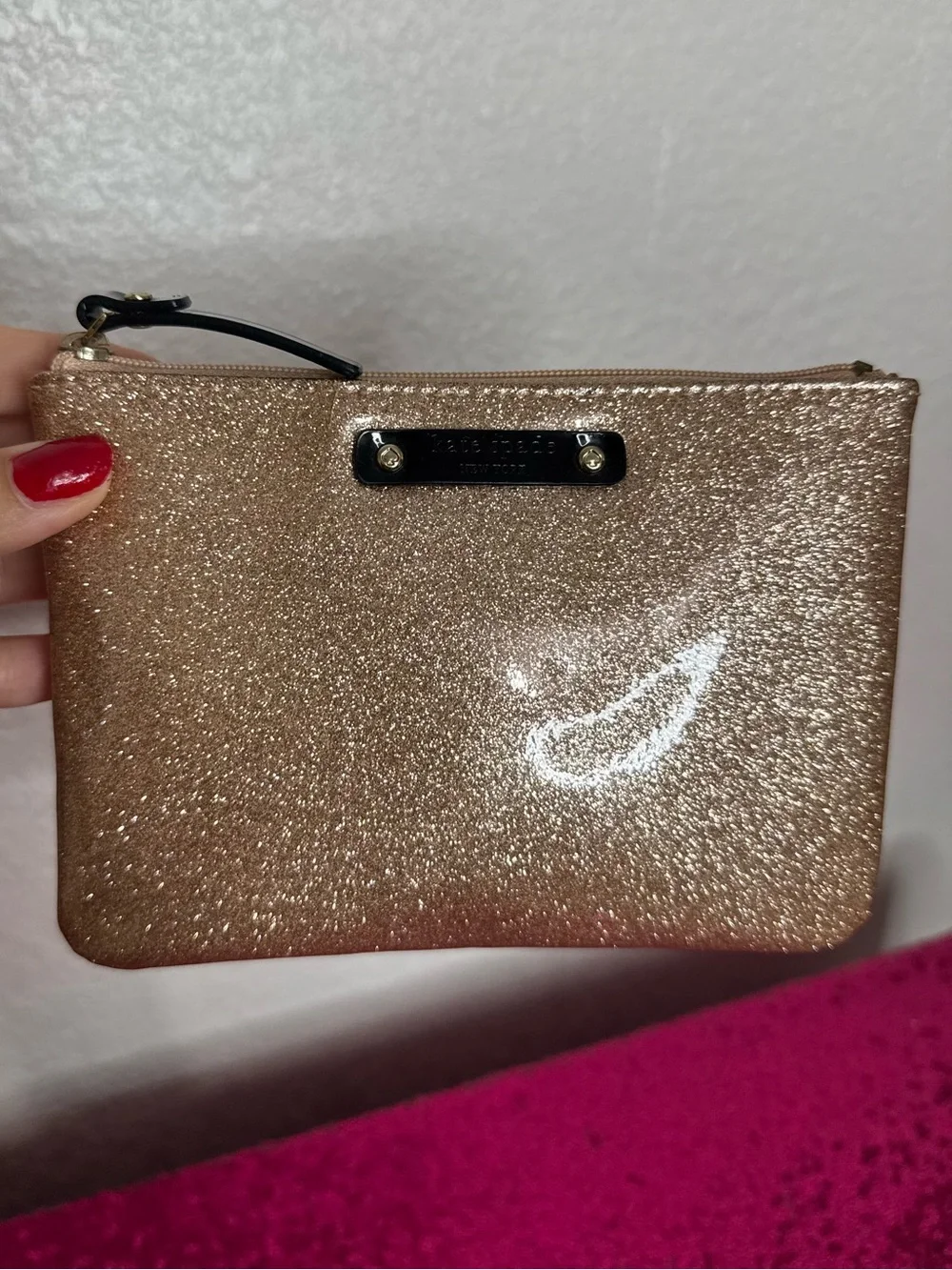 KATE SPADE 🌹🌟 Rose Gold Sparkly Glitter Zip Pouch, Mini Clutch Purse - 4 x 6”